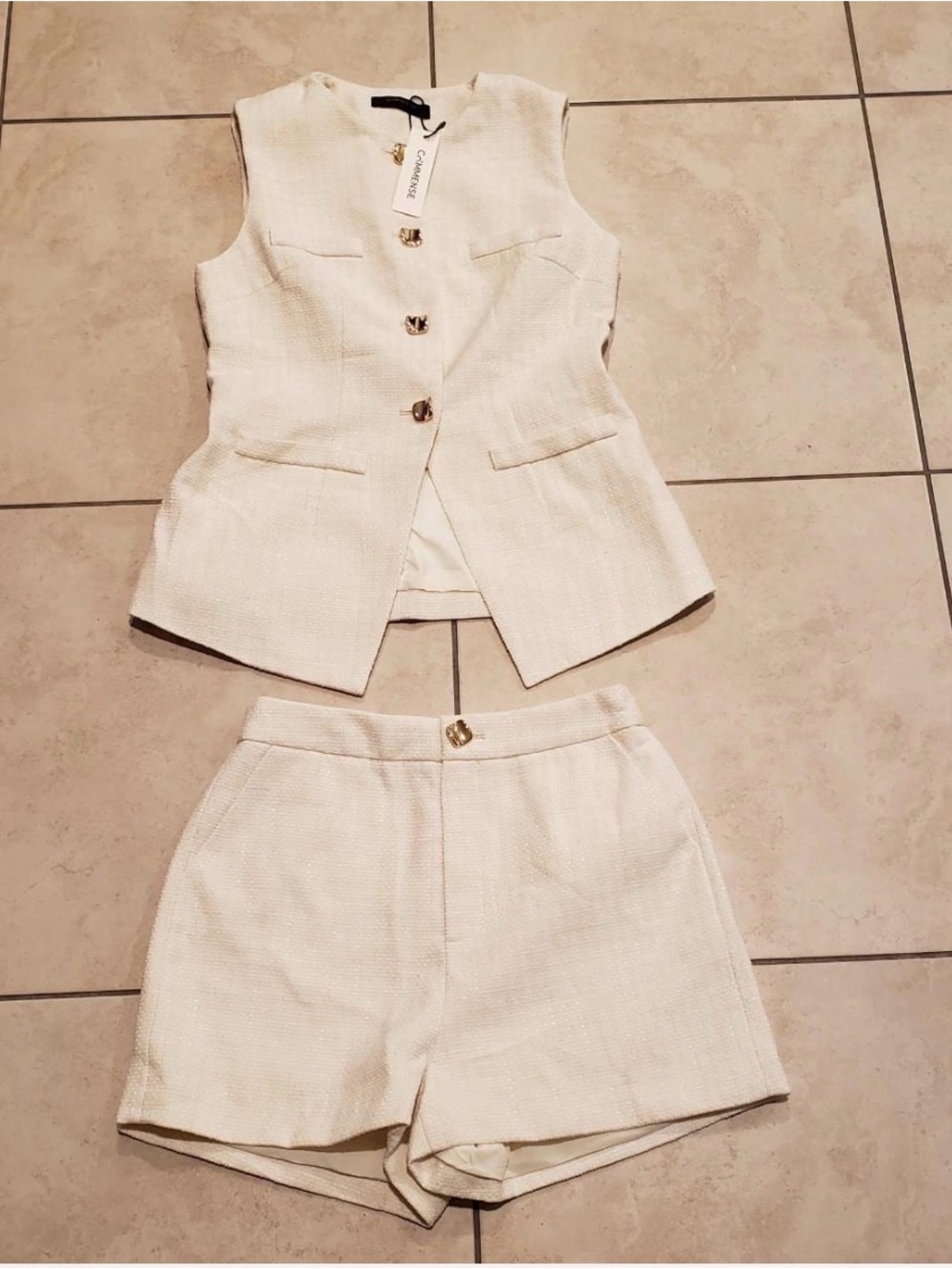 Commense Metal Button Tweed Vest & Shorts Set - Picture 3 of 9